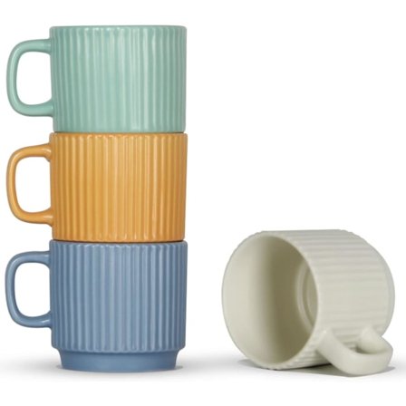 Stapelbara kaffemuggar set om 4, 8 OZ espressokeramiska koppar för latte cappuccino kakao med handtag, färgglada