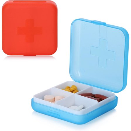 2x pillerbox 4 fack - 2x Mini fackdelad tablettask - Bärbar pillerbox medicinkontor resor - röd-blå-blå