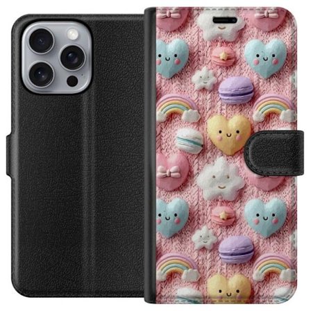 Yhteensopiva Lompakkokotelo Apple iPhone 16 Pro Max Pastellimotiiivi sydämillä, pilvillä, sateenkaarilla ja makaronseilla vaaleanpunaisella taustalla