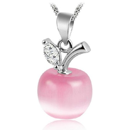 Fruit necklace - silver color with pink rhinestone apple