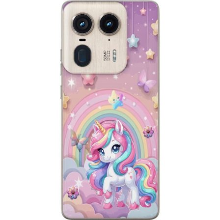 Kompatibel Mobilcover til Motorola Edge 50 Ultra Magisk enhjørning med regnbue manke, stjerner og sommerfugle mod en pastelfarvet himmel med skyer