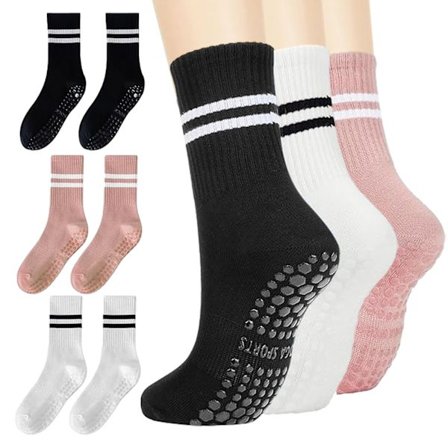 Yoga Grip Strumpor, 3 par bomullsstrumpor med halkskydd Damer Grippy Strumpor Andningsbara Grip Strumpor för Hemmaträning Gym Pilates (3 färger)_jar
