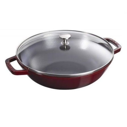 Wok - STAUB - 30 cm - Emaljerad gjutjärn - Glaslock - Röd