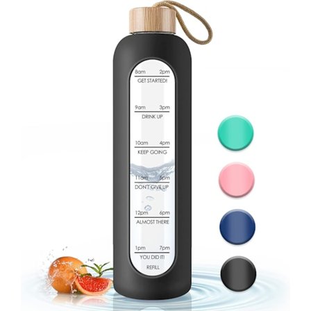 Lasinen vesipullo bambukannella - 1000 ml urheilujuomapullo aikamerkinnällä, uudelleenkäytettävä särkymätön silikonisuojapullo kuntoiluun, 