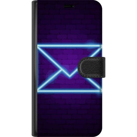 Kompatibel Tegnebogsetui til OnePlus OnePlus 12R Neon illustration af kuvert i blåt lys mod lilla teglvæg, moderne symbol for beskeder kommunikation
