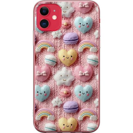 Kompatibelt Mobildeksel til Apple iPhone 11 Pastellmotiv med hjerter, skyer, regnbuer og makroner mot rosa bakgrunn i en søt drømmende stil.