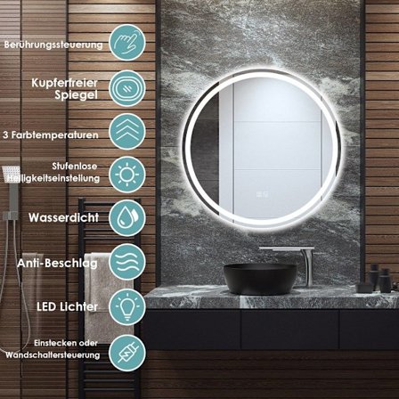 Rund LED-spegel badrumsspegel för väggmontage 3000 K-6000 K Ø 60 cm
