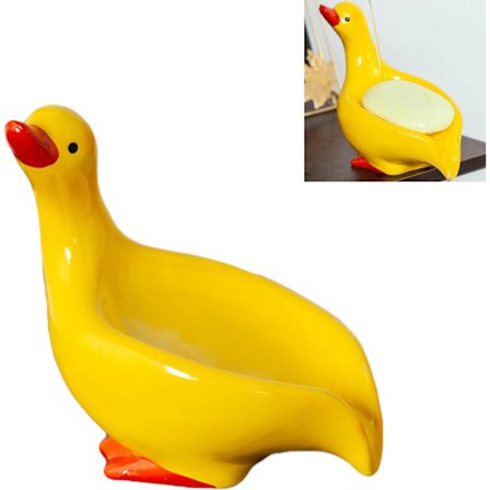 Sød andeformet sæbeskål og sæbeholder til badeværelset, kreativ keramisk dekorationsgenstand, med drænfunktion (gul).