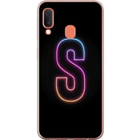 Kompatibelt Mobildeksel til Samsung Samsung Galaxy A20e Neonbokstav S i lysende rosa og blå toner mot mørk bakgrunn, stilig bokstavkunst med retrofu