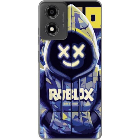 Kompatibelt Mobildeksel til Motorola Motorola Moto E14 Blågul Roblox hettegenserfigur med minimalistisk neonstil og masket ansikt, moderne spillillus