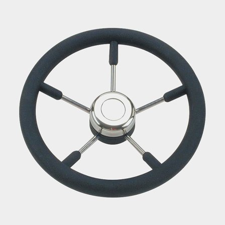 Timón lancha a motor Savoretti Armando T9, acero inoxidable y goma, Ø350 mm, con cubo, compatible con eje de timón de 3/4′′ (19 mm), negro