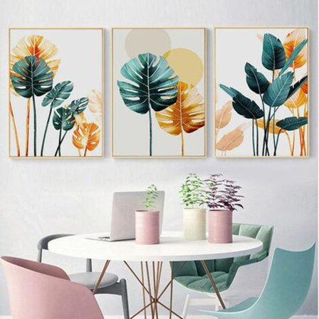 Set med 3 veggdekorasjoner, stue, lerret, Monstera, gull og grønn plakat, voksen soveromdekorasjon, grønne planter, dekorativt maleri, treramme ikke 
