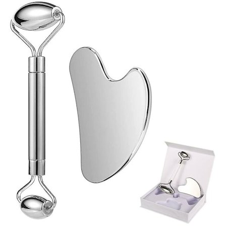 Rustfrit Stål Ansigtsrulle og Gua Sha Sæt Ansigtsrulle Massager ??T Hudpleje Rulleværktøj til Ansigt, Øjne, Hals, Lindrer Fine Linjer og Rynker