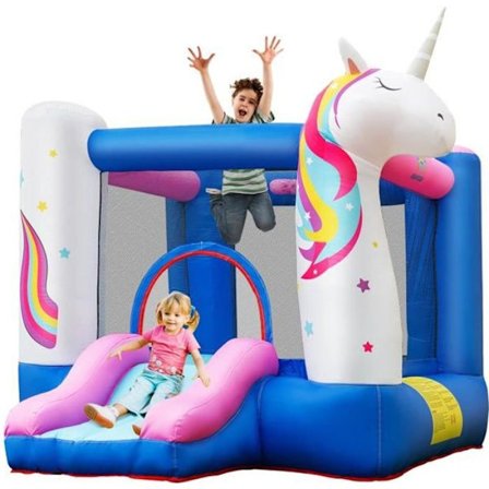 COSTWAY puhallettava linna lapsille liukukoripallovannella Yksisarvisteemainen kantolaukku panokset ilman tuuletinta