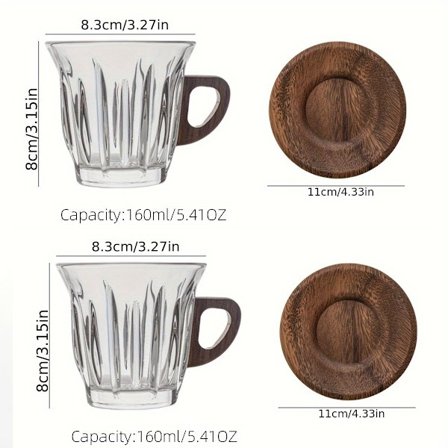 4-delars set med vin- och kaffeglas i glas med underlägg i trä, härdat glas
