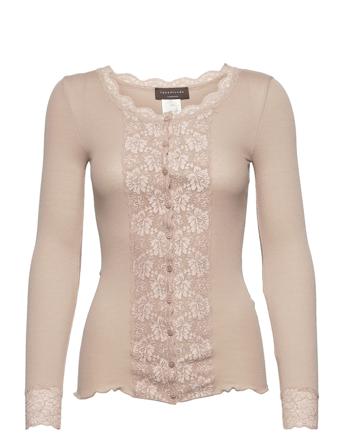 Organic Cardigan Ls W/Lace Neuletakki Beige Rosemunde