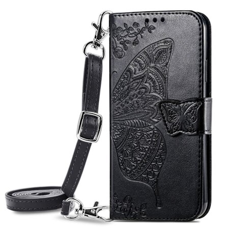 Etui til iPhone16promax svart lær crossbody midje skulder lang snor lommebok