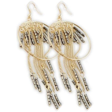 Långa Retro Guld Örhängen med Ringar, Grå Pärlor & Kedjor