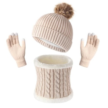 Varmt og stilig tredelt sett, strikket lue, skjerf og hansker - Beige