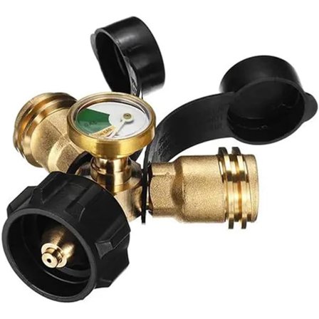 Propan Tank Slange Splitter Adapter med Måler Dobbel Ventiler Y-Kobling Egnet for BBQ Griller & Varmeovner Brennere