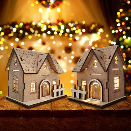 Joulukoriste puutalo LED-valolla, 2 kpl, tee-se-itse joulukylän talot talvikylä joulukoriste