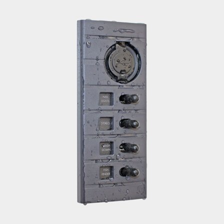 Strömbrytarpanel / säkringspanel Connex Waterproof Switch Panel, 12 V DC, 15 A, 4 brytare, med flatstiftsäkringar, + USB-uttag