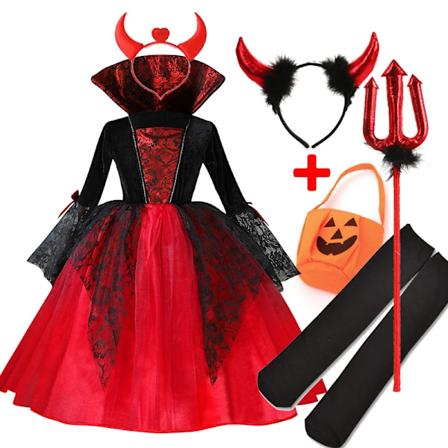 2024 Flickor Cosplay Vampyr Halloween Klänning För Barn Spöke Brud Gotisk Kostym Greve Vampiran Karneval Outfit Svart Röda Kläder 6PCS Ghost Bride E 