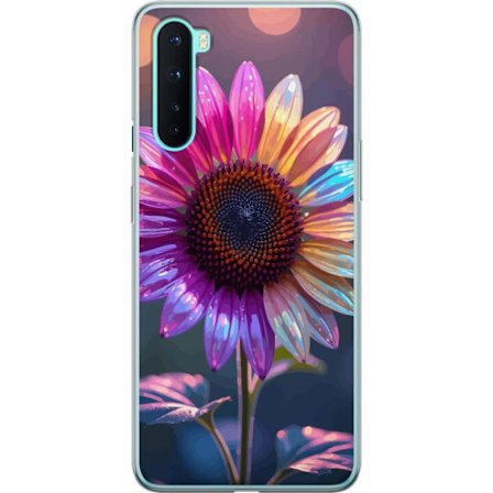 Kompatibelt Mobildeksel til OnePlus Nord Irideserende blomst med glitrende kronblad i rosa lilla og gull mot myk bokeh bakgrunn