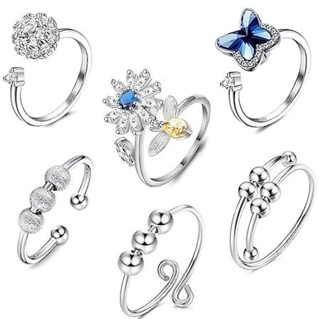 6-pack Justerbar antistressring med rmed roterbara pärlor, Antistress ringar pärlor, Silver roterbar antistressring