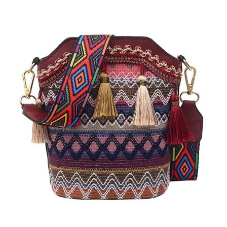 Vintage Etninen Olkalaukku Kirjonta Boho Hippi Tupsu Tote Messenger Beach Crossbody Naiset Tytöt Kukkaro Puhelin Lompakko Pussi Red