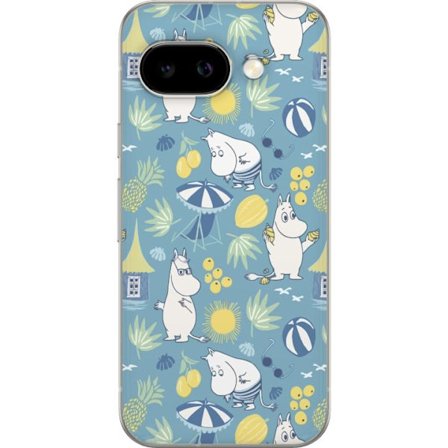 Kompatibelt Mobildeksel til Google Google Pixel 9a Strandtema med frukt, parasoller, sommerhus og glade figurer i et fargerikt mønster fylt med lekne