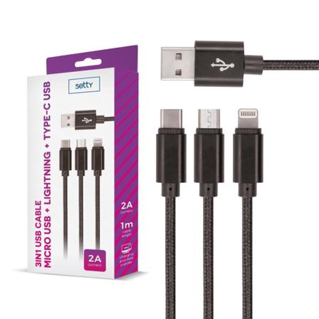 Setty 3in1 Usb-kabel Iphone / Samsung / Huawei M.fl. 1m 2a Svart
