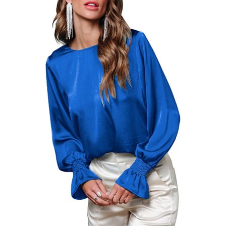 HAUFR Damebluser Pænt Afslappet Rund Hals Flæse Boble Lange Ærmer Skjorter Ensfarvede Satinbluser Blue_yu