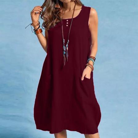 Ermløs klänning for kvinder rund hals solid klänning Casual klänning wine red L