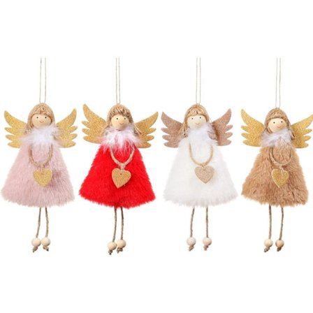 4 stk. Engel juletræspynt, hjerte plys hængende engel