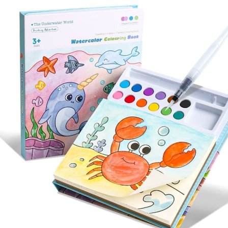 Fargebok med vannfarger for barn 3–8 år | Malebok med vannfarger og pensel | Kreativt håndverkssett for gutter og jenter
