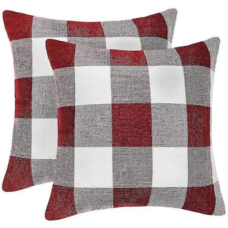 Sæt med 2 bondegårds Buffalo ternet plaid pyntepudebetræk pudebetræk polyester linned til julehjemindretning rød og hvid, 45 x 45 cm
