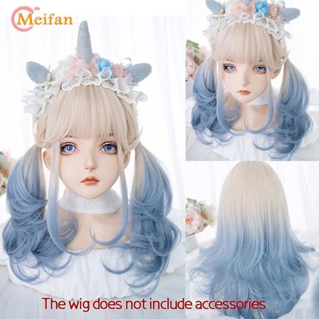 Synteettinen pitkä ombre sininen vaaleanpunainen vihreä Lolita peruukki Harajuku Fairy Cosplay peruukki otsatukka aaltoileva makea kampaus joulu 