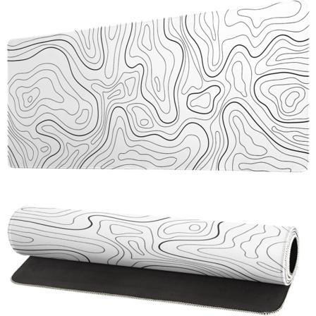 Topografisk kontur hvit spillmusematte XL geografisk kartlinjer utvidet stor stor skrivebordsmatte sklisikker gummibase sydd kant, 31,5x11,8 tommer