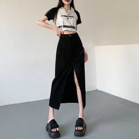 Split jeanskjol A-line kjol SVART M