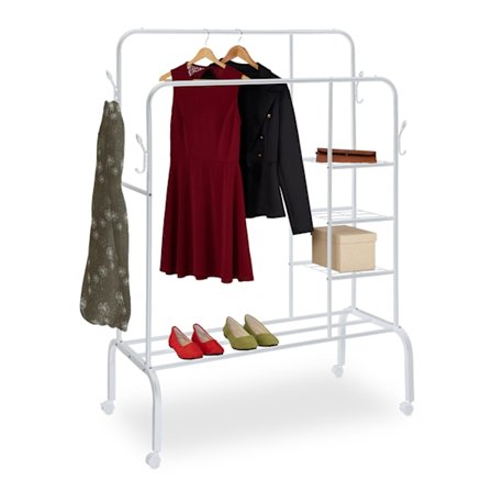 Knagerække på hjul med dobbelte skinner og hylder