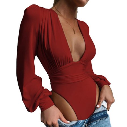 Damtoppar med V-ringning Sexiga långärmade bodys