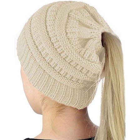 Vinter Dam Ponnytail Mössa - Dam Ponnytail Mössa Kabel Stretch Stickad Mössa Vinter Utomhus Varm Messy Bun Mössa Med Hål