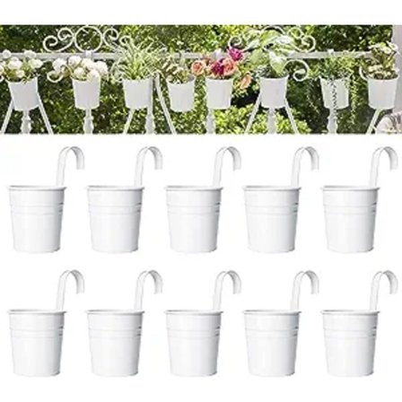 10 stk. hængende blomsterkrukker i metal, jern spand planteholder til gelænder, hegn, altan, have, boligindretning, blomsterholdere med aftagelige 