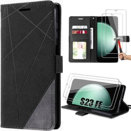 Fodral för Samsung Galaxy S23 FE med 2 härdade glasögon, retro stötsäkert PU-läder, med korthållare svart (ej för S23) Svart