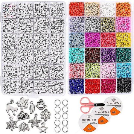 5000 stk perlekjede-sett med glassperler og engelske bokstavperler til armbånd