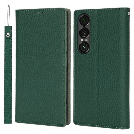 Til Sony Xperia 1 VII Wallet Type Mobiltelefon Etui Ægte Læder Ko Læder Mobiltelefon Beskyttelses Etui Litchi Korn (Mørkegrøn, Mørkegrøn)