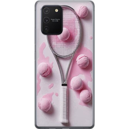 Yhteensopiva Puhelinkuori Samsung Samsung Galaxy S10 Lite Ruusunpunaiset lasipallot ja tennismaila luovassa stillikuvassa, jossa on leikkisä pop-tunn