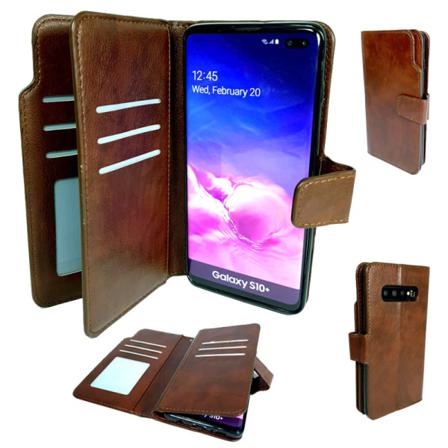 Dubbel Plånbok Brun Läderfodral Till Samsung Galaxy S10 Plus Brun