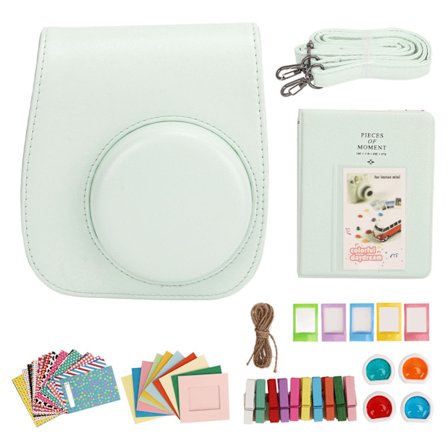 Mini Instant Camera Skyddande Väska PU Fodral för Fujifilm Instax Mini 12 med Albumfilter Färgglada Hängande Ramar Stickers Grön